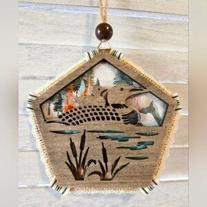 NWT Loons Birds Lake Mountains Wood Ornament Lace Christmas Holiday Decor OOAK